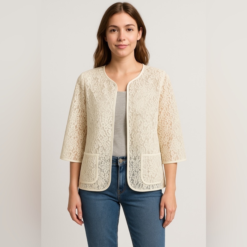 Chico’s Bonded Lace Henrietta Cardigan Blazer Size 1 White Tan Open Front